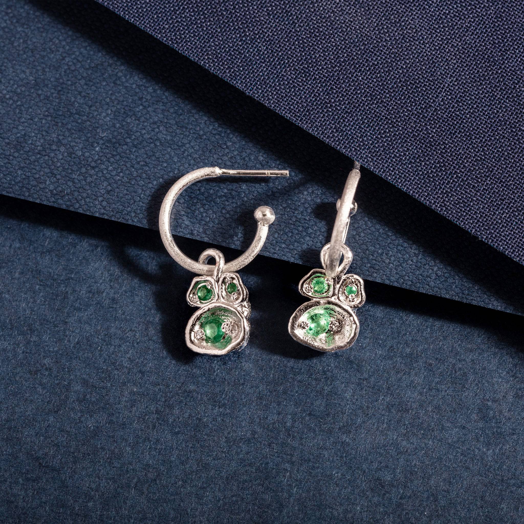 Emerald and Silver Birthstone Pendant Hoop Earrings
