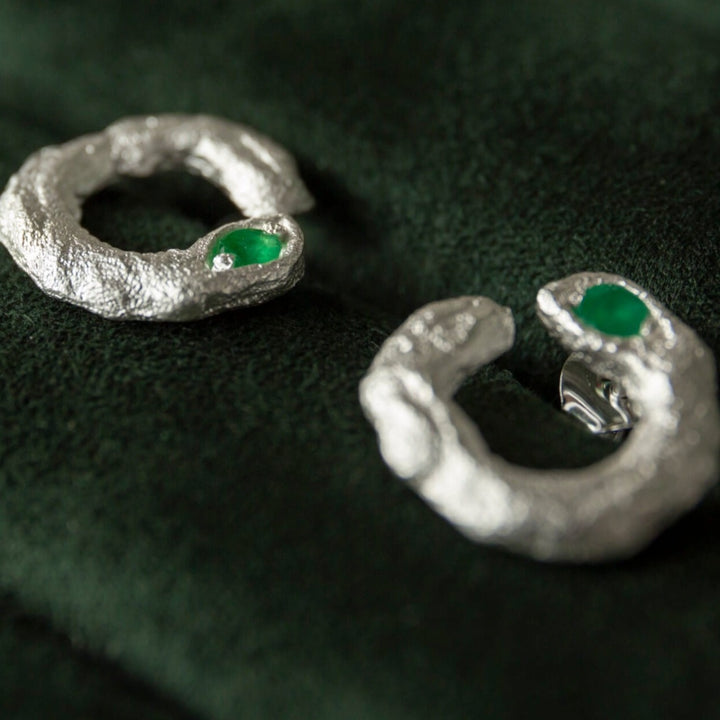 Emerald Silver Asymmetric Open Circle Branch Earrings - Close Up