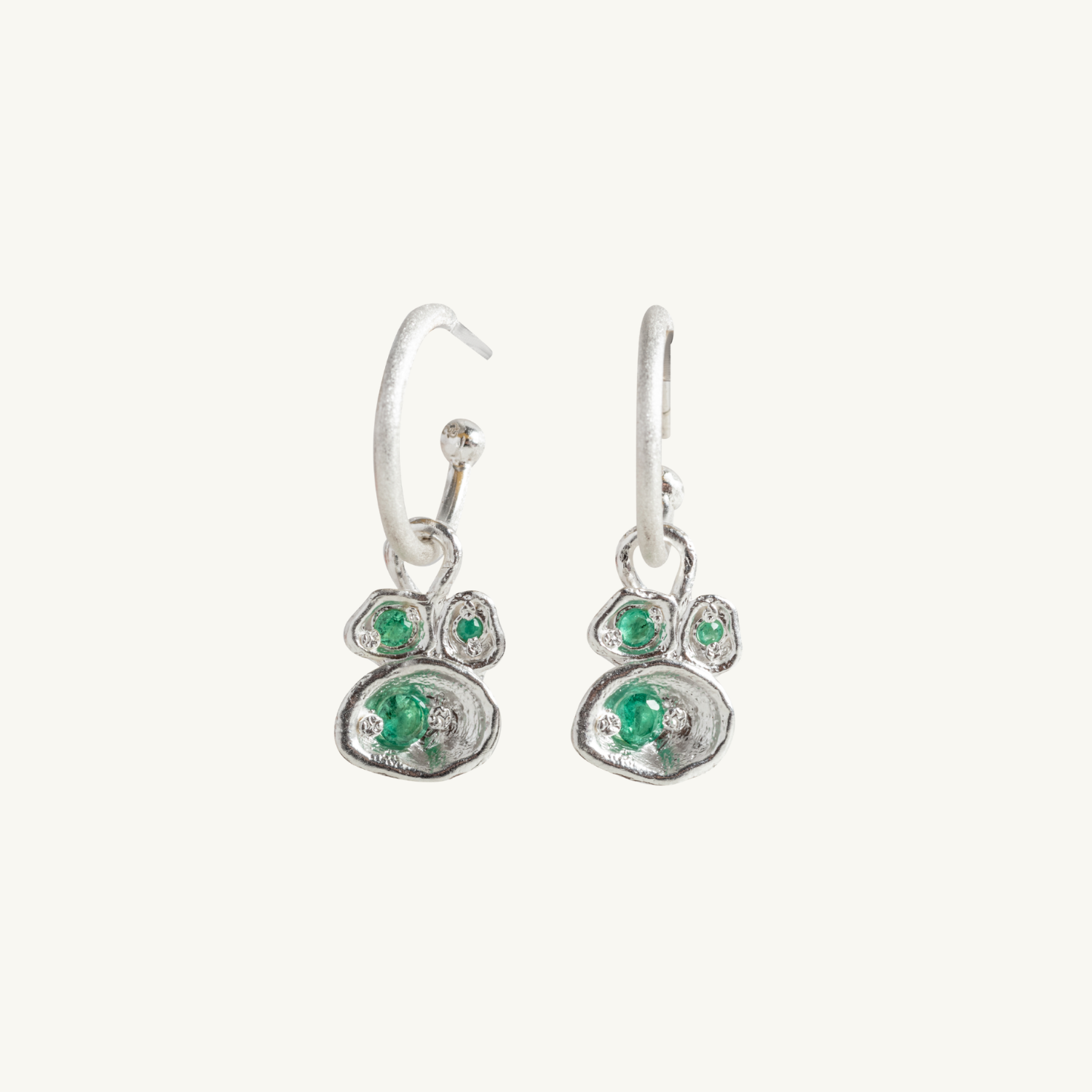 Emerald Silver Lichen Hoop Earrings
