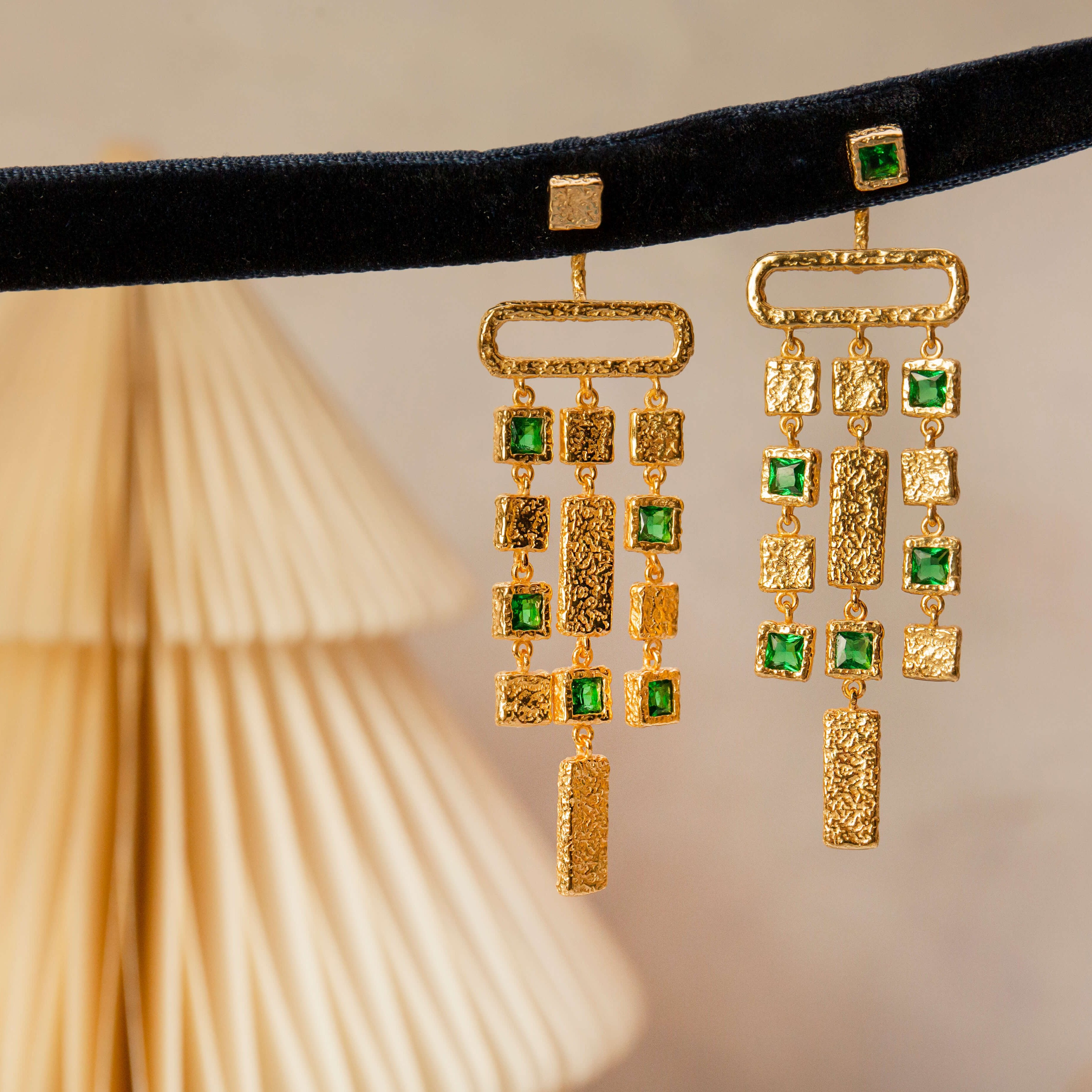 Gold Emerald Chandelier Ear Jacket Earrings 