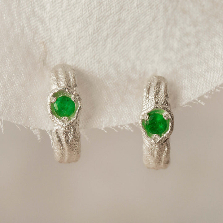 Emerald Silver Branch Hoop Earrings