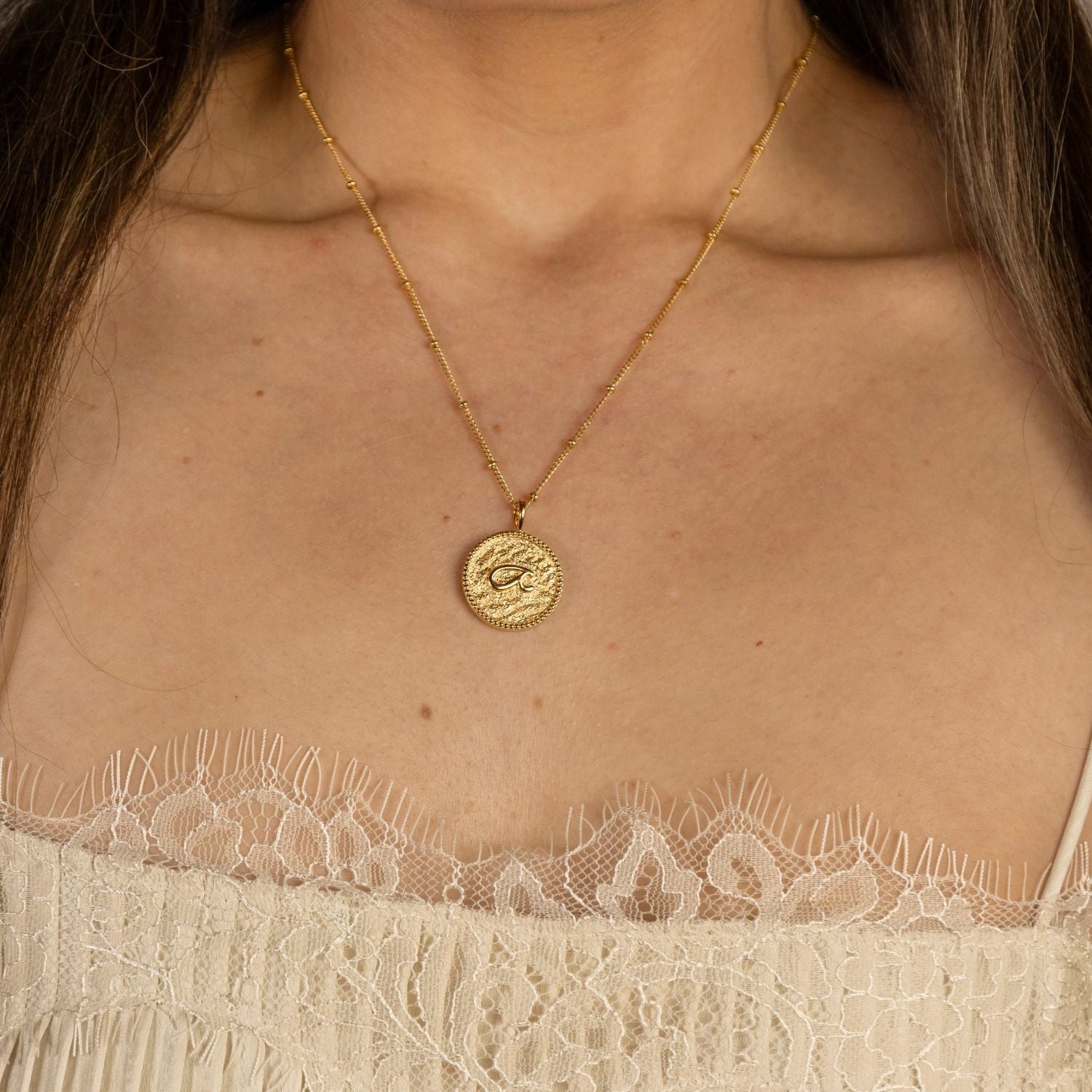 model wears “Fuck” Gold Shorthand Coin Necklace