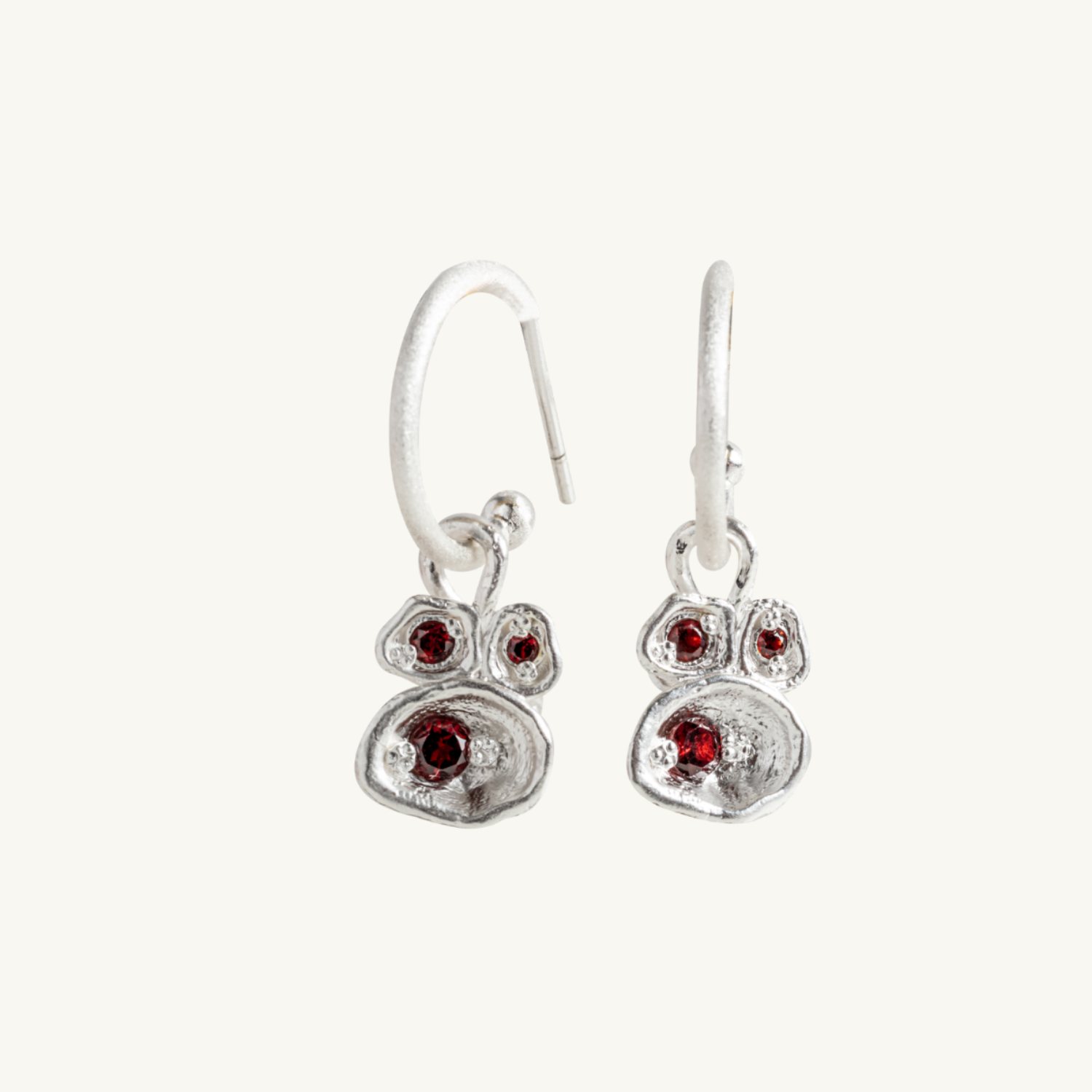 Garnet Silver Lichen Hoop Earrings