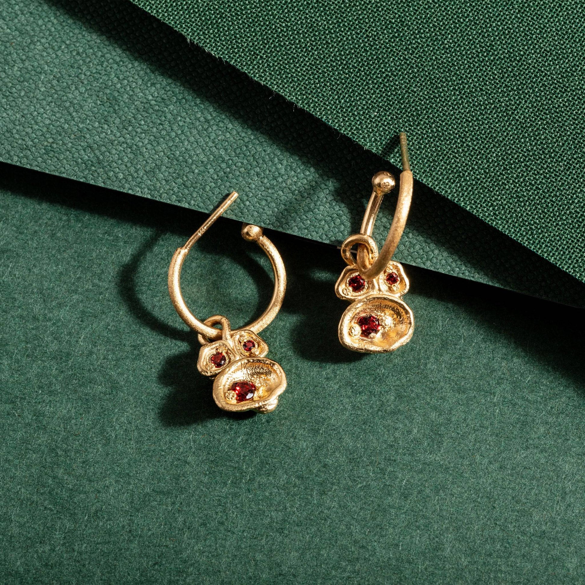 Garnet and Gold Lichen Hoop Earrings