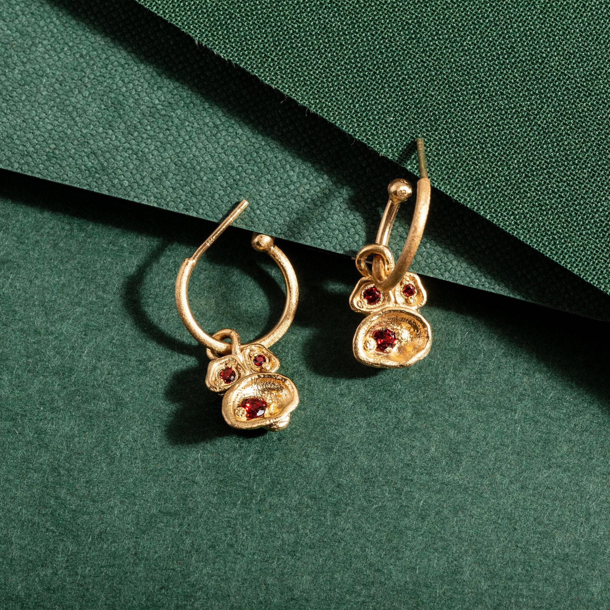 Garnet and Gold Lichen Hoop Earrings
