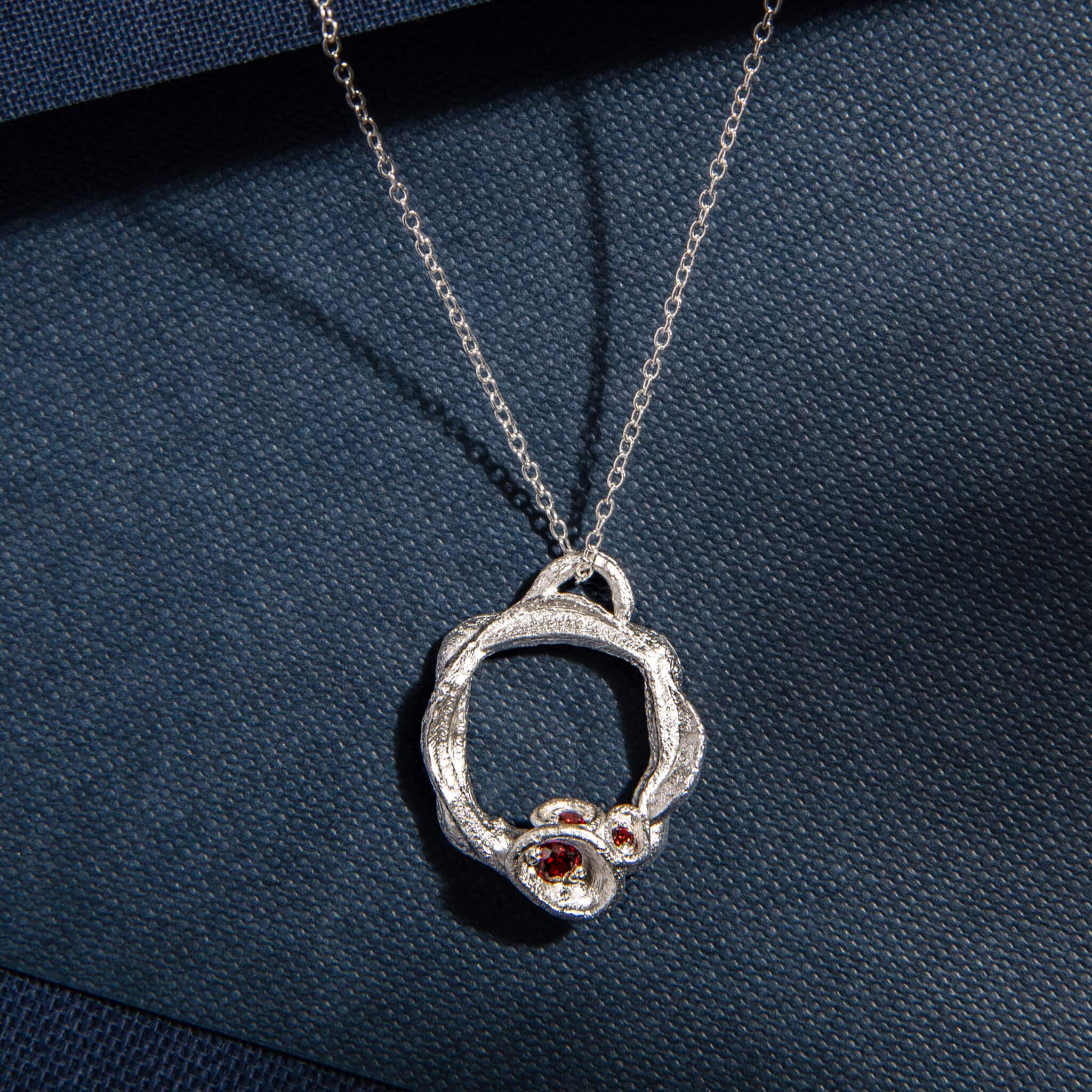 Garnet and Silver Large Birthstone Branch Circle Necklace - Large