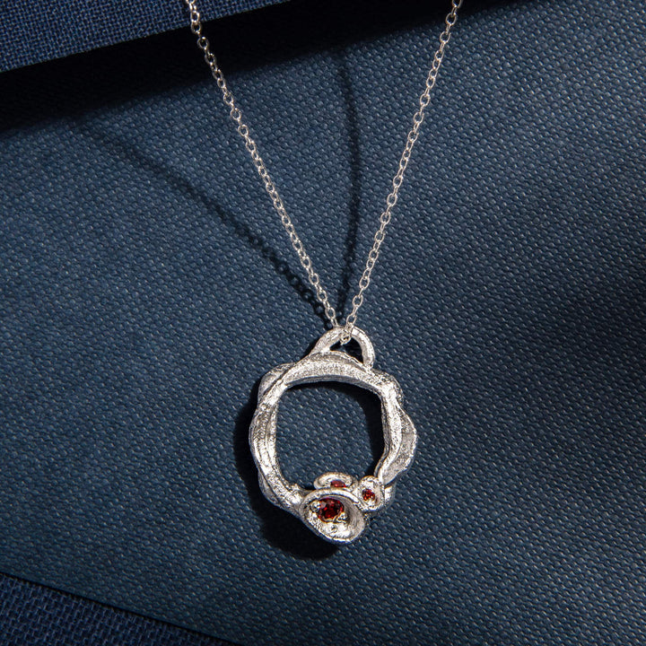 Garnet and Silver Large Birthstone Branch Circle Necklace - Large
