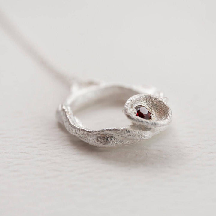 Garnet and Silver Branch Circle Necklace - Large close up