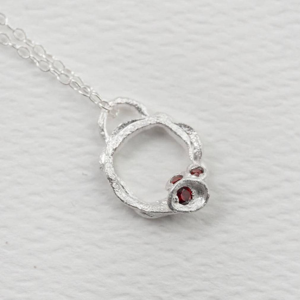 Garnet and Small Silver Branch Birthstone Circle Necklace (Small)