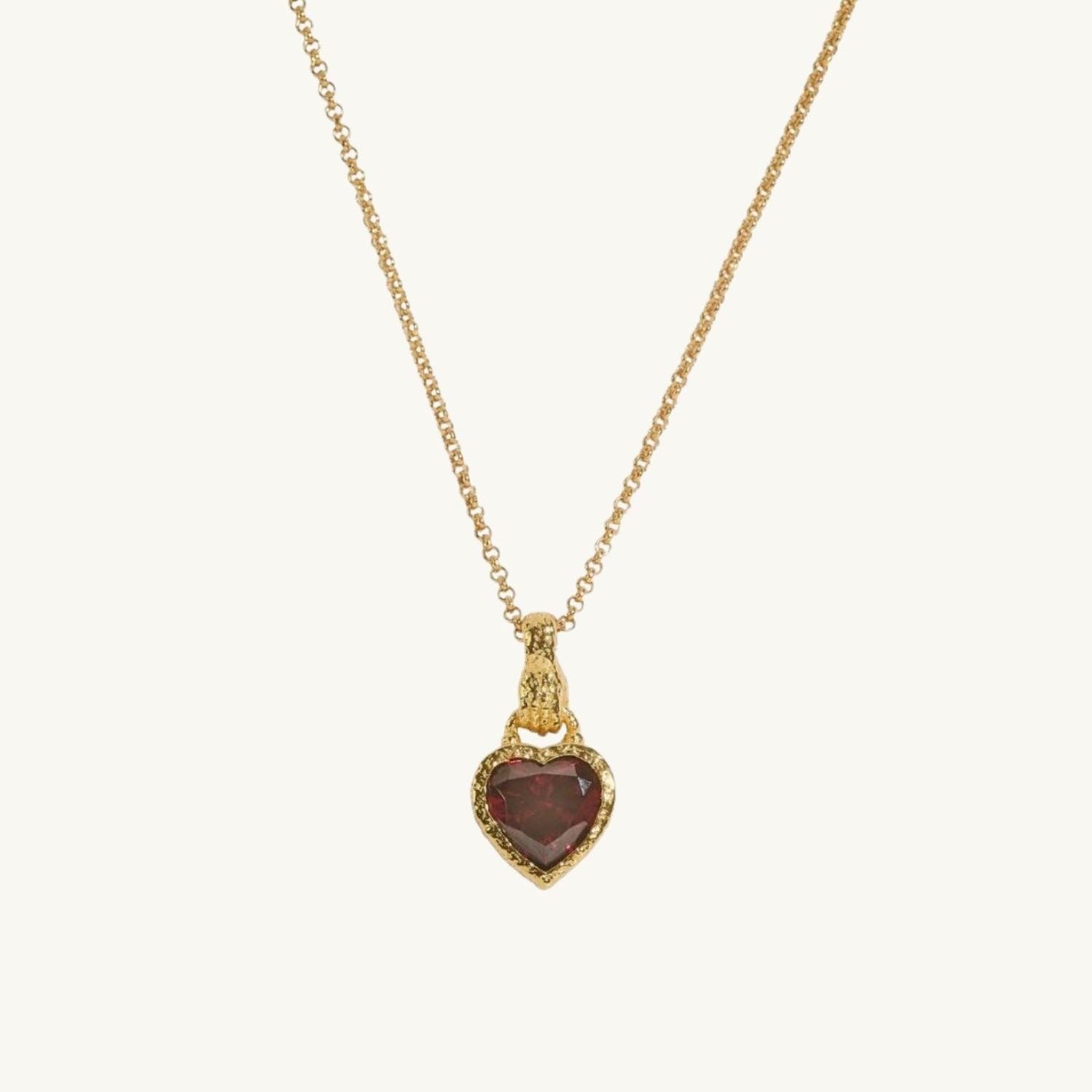 Garnet Heart in Hand Gold Charm Necklace