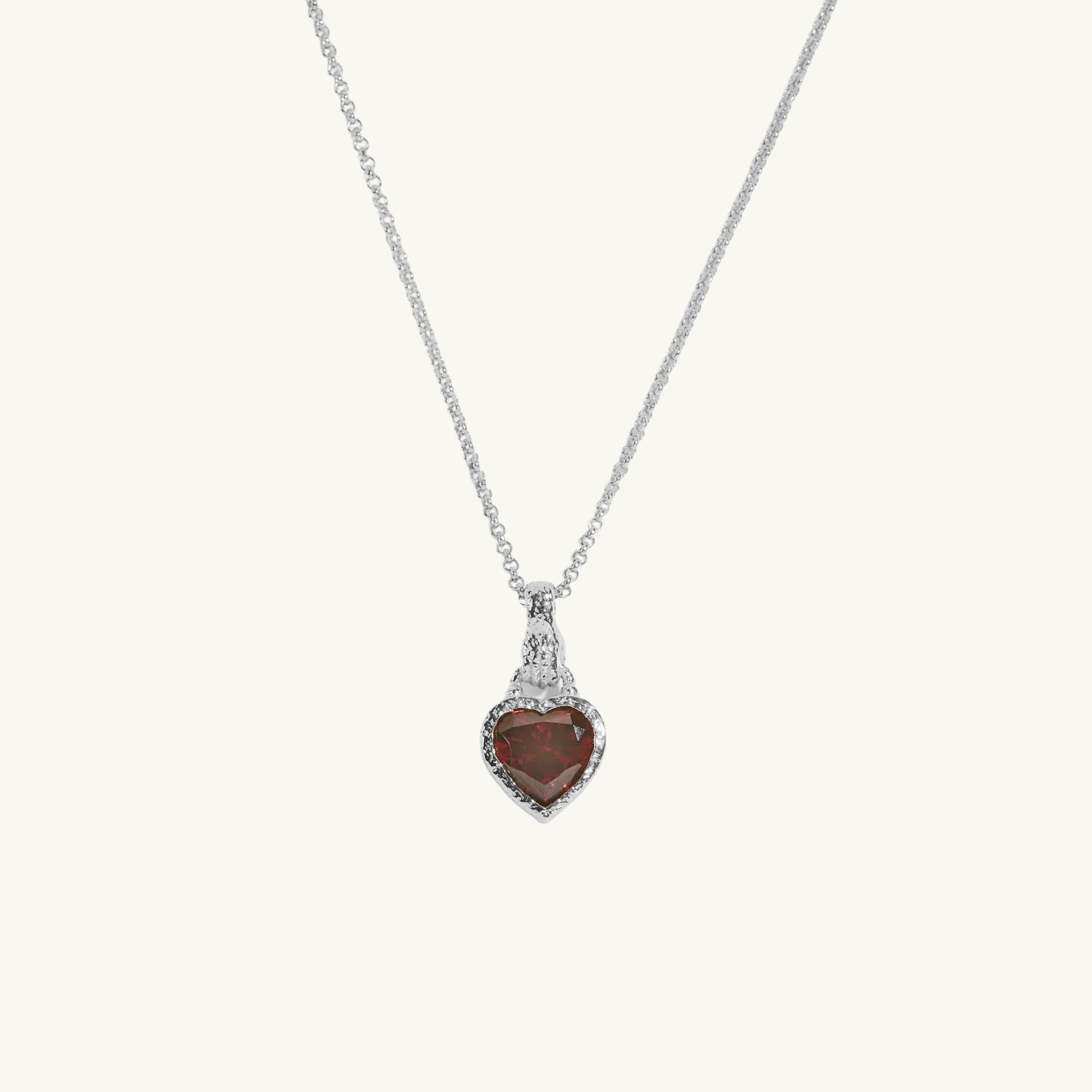  Garnet Heart in Hand Silver Charm Necklace