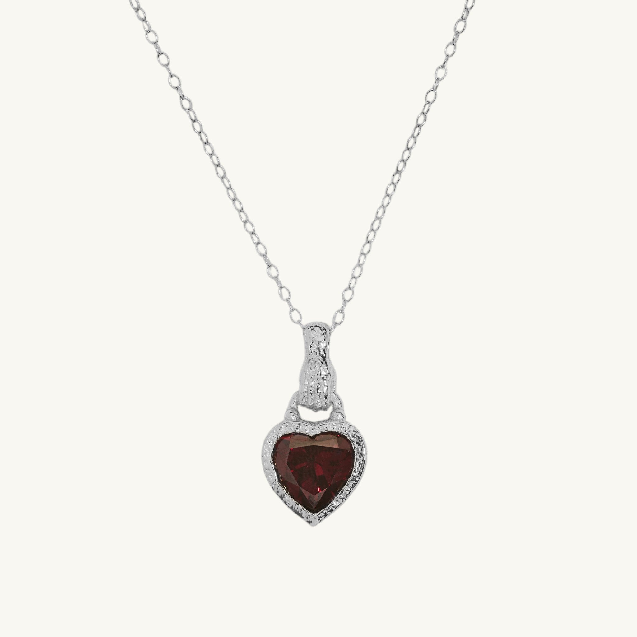 Garnet Heart in Hand Silver Charm Necklace