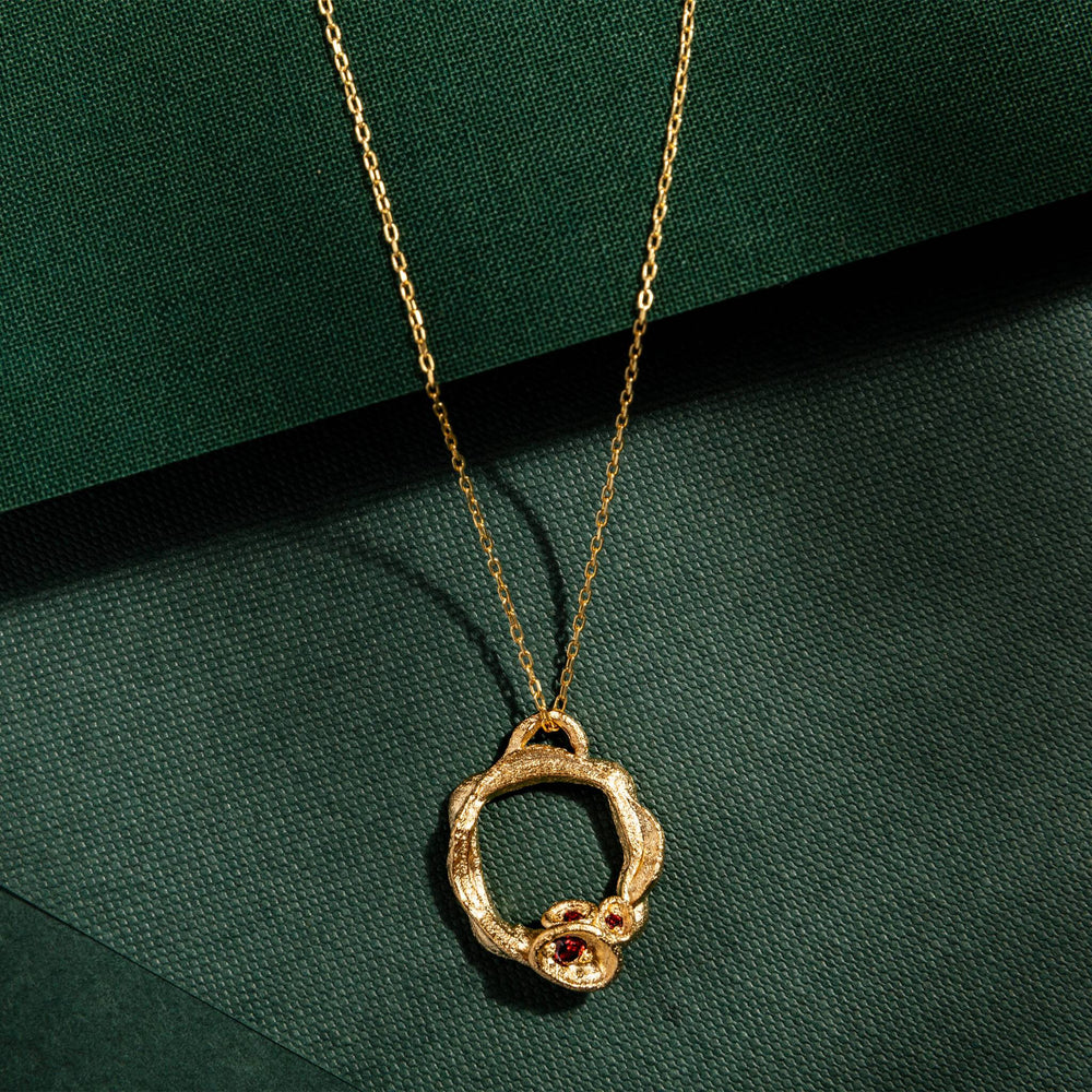 Garnet and Gold Birthstone Branch Circle Necklace - Large