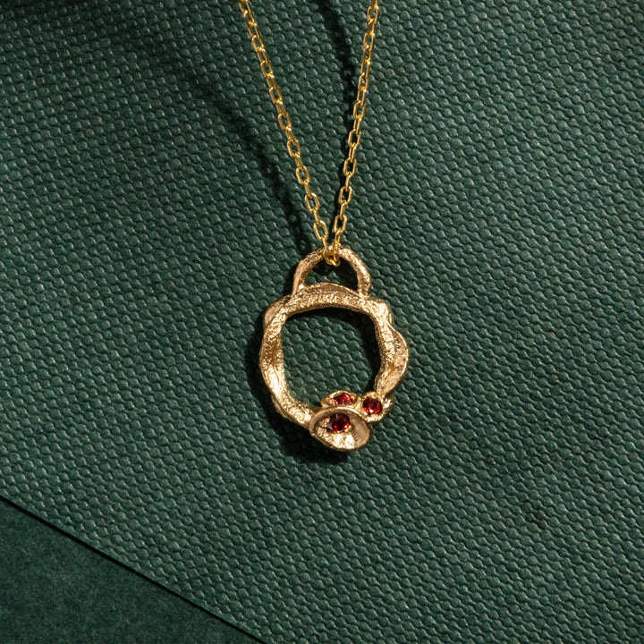 Garnet and Gold Birthstone Small Branch Circle Necklace (Small)