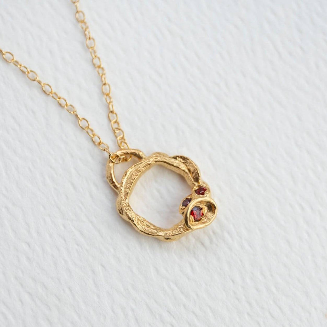 Garnet and Gold Birthstone Small Branch Circle Necklace (Small)