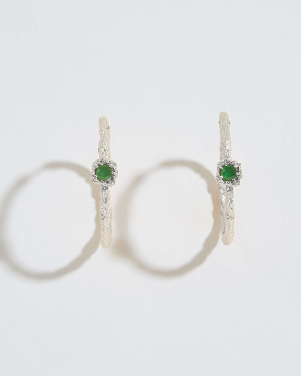 Chalcedony Lichen Branch Silver Large Hoops