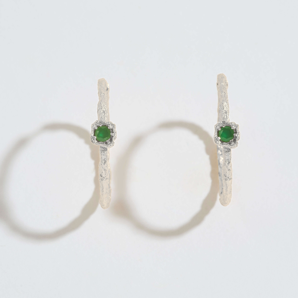 Chalcedony Lichen Branch Silver Large Hoops