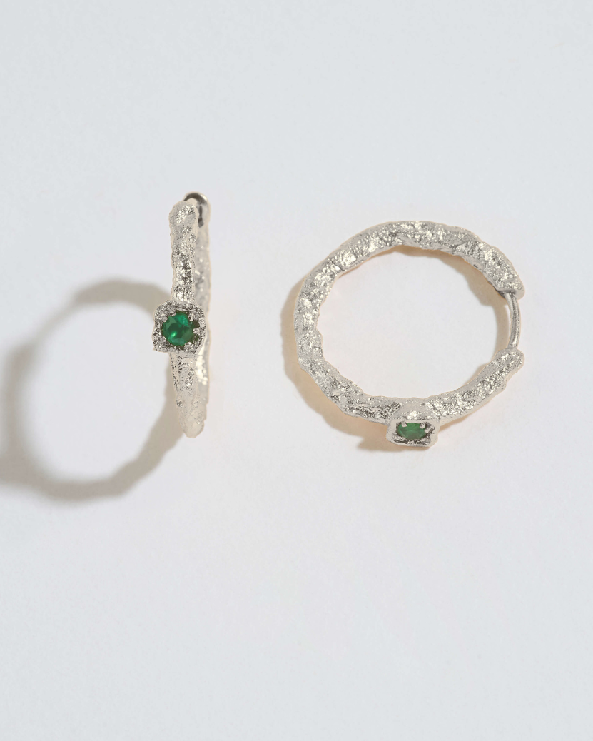 Chalcedony Lichen Branch Silver Medium Hoops