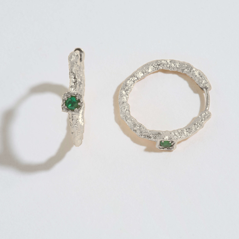 Chalcedony Lichen Branch Silver Medium Hoops