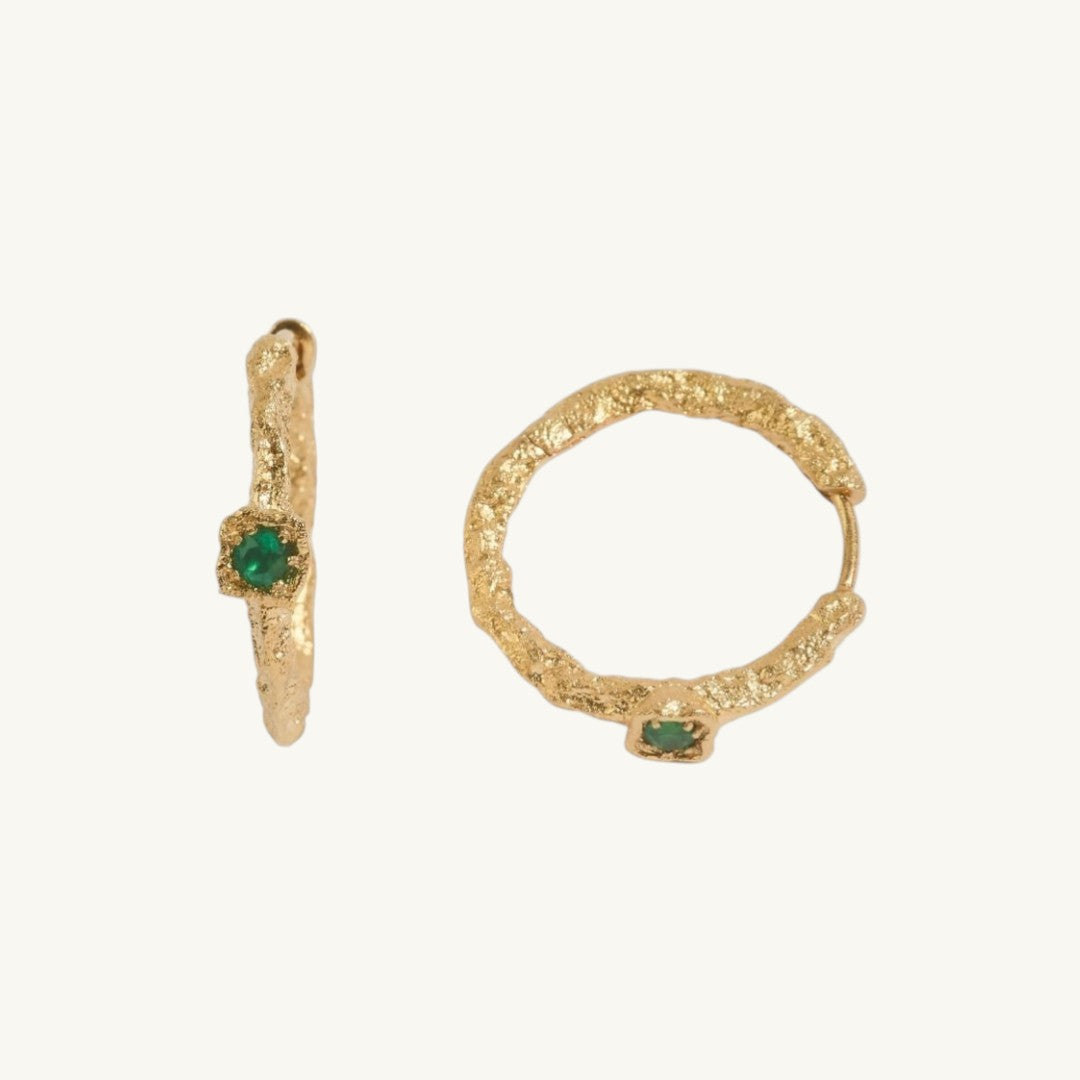 Chalcedony Lichen Branch Gold Medium Hoops