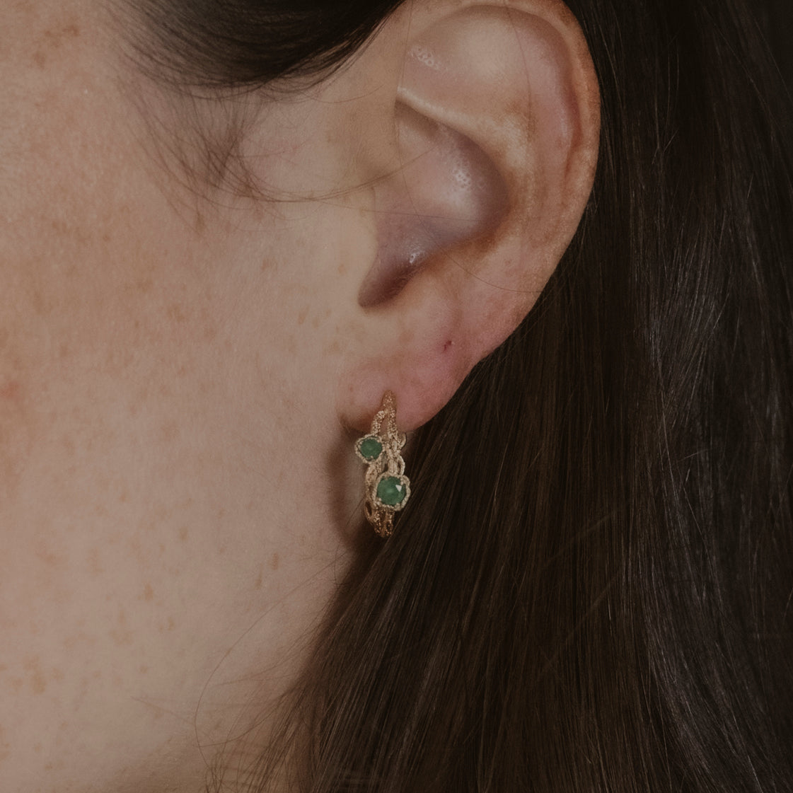 model wears Chalcedony Twisted Branch Gold Hoops