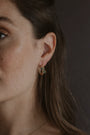 model wears Chalcedony Twisted Branch Gold Hoops