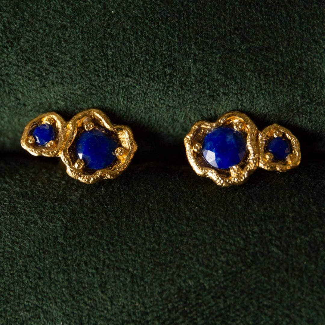 Lapis Lazuli Gold Double Lichen Stud Earrings - close up