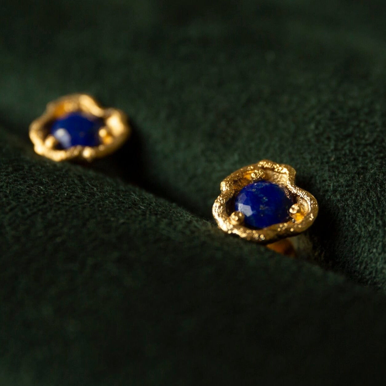 Lapis Lazuli Gold Lichen Stud Earrings - close up