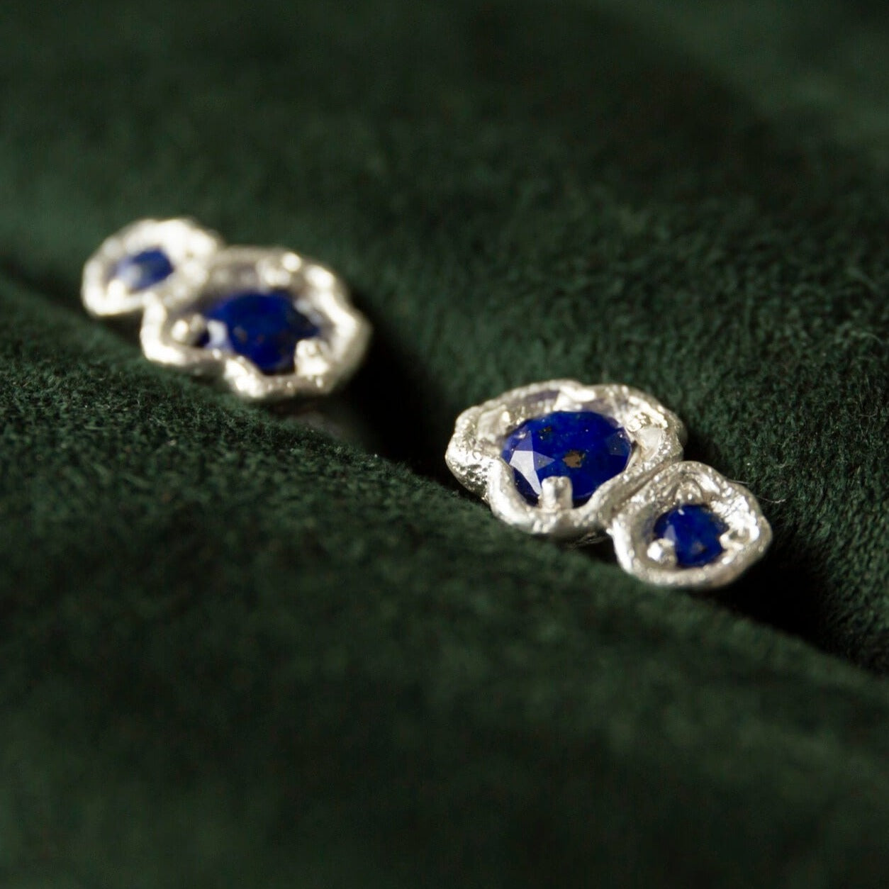 Lapis Lazuli Silver Double Lichen Stud Earrings - close up