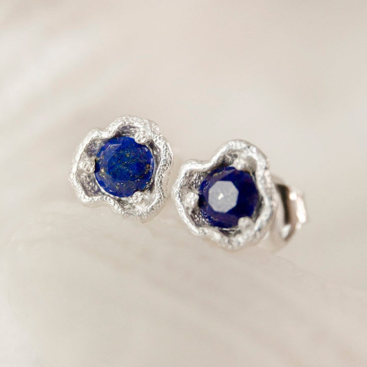 Lapis Lazuli Silver Lichen Stud Earrings - close up