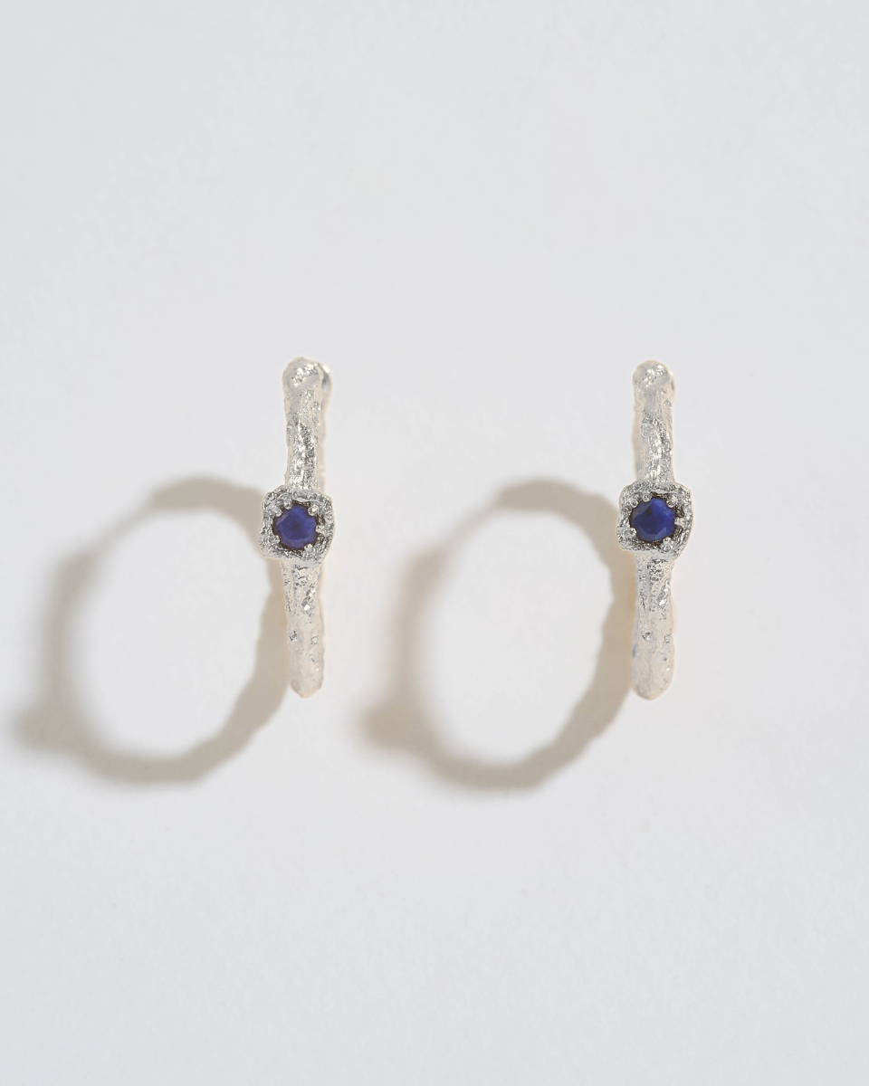Lapis Lazuli Lichen Branch Silver Medium Hoops