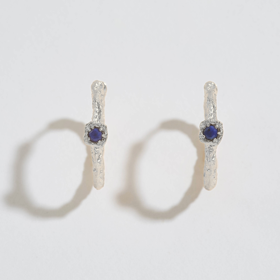 Lapis Lazuli Lichen Branch Silver Medium Hoops