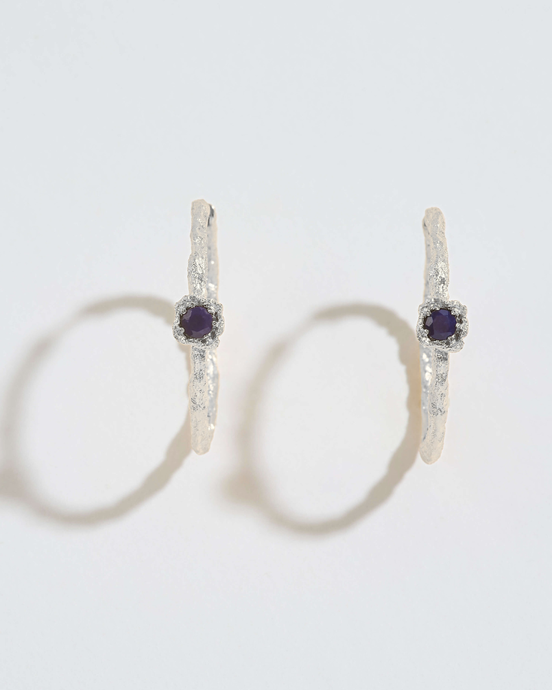 Lapis Lazuli Lichen Branch Silver Large Hoops