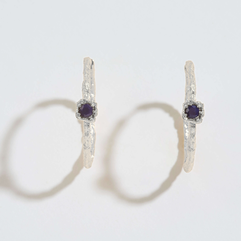 Lapis Lazuli Lichen Branch Silver Large Hoops