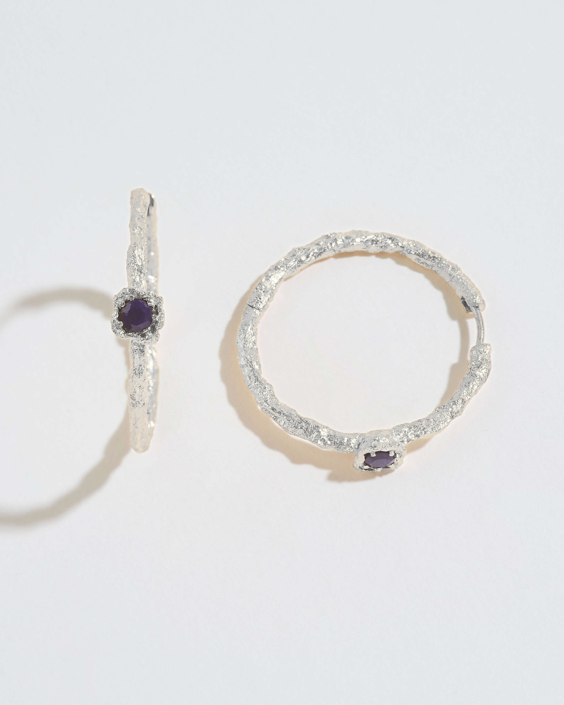 Lapis Lazuli Lichen Branch Silver Large Hoops