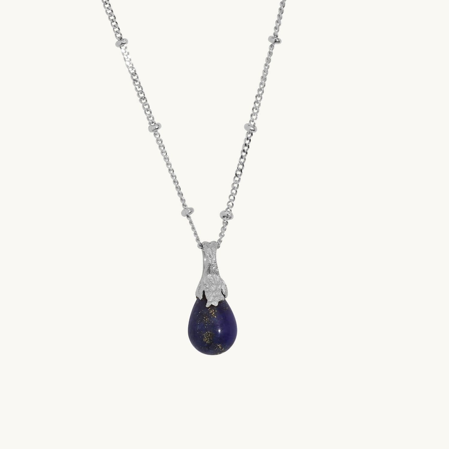 Lapis Lazuli Silver Lichen Pendant Necklace - satellite chain 