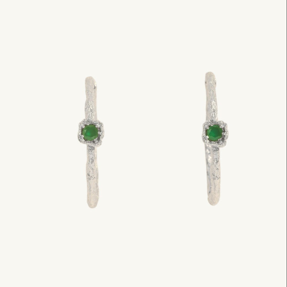 Chalcedony Lichen Branch Silver Large Hoops