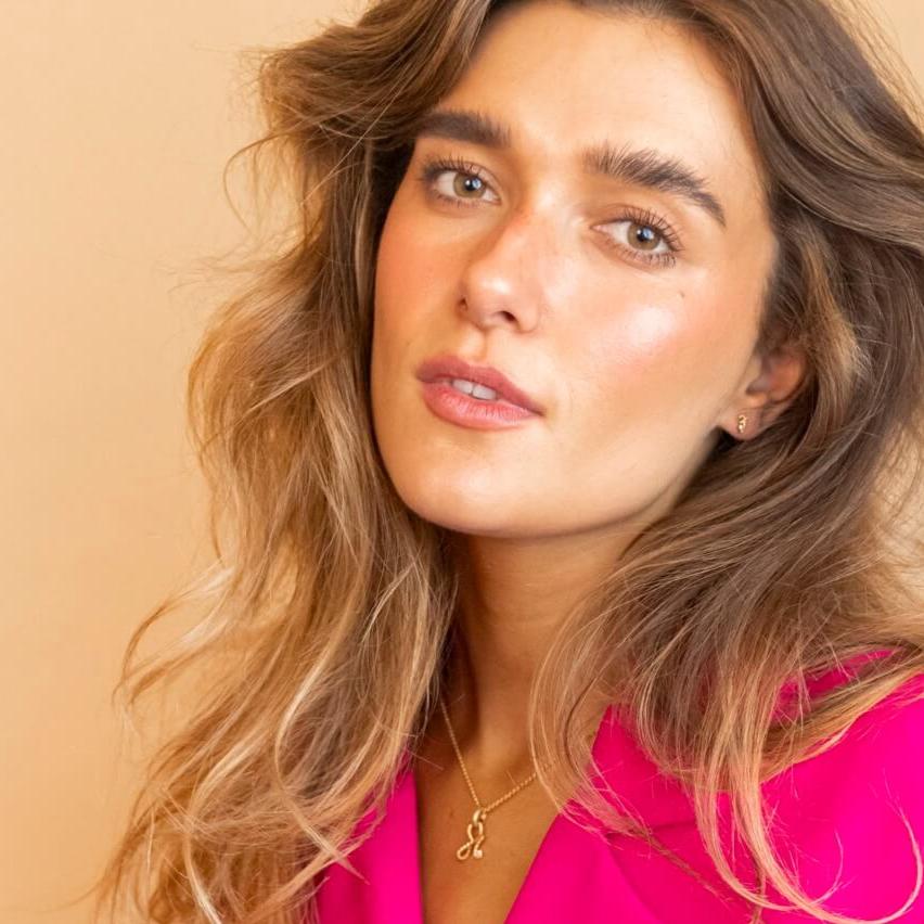 model wears 14k Gold Vermeil Shorthand Stud Earring meaning Great - Claire Hill Designs