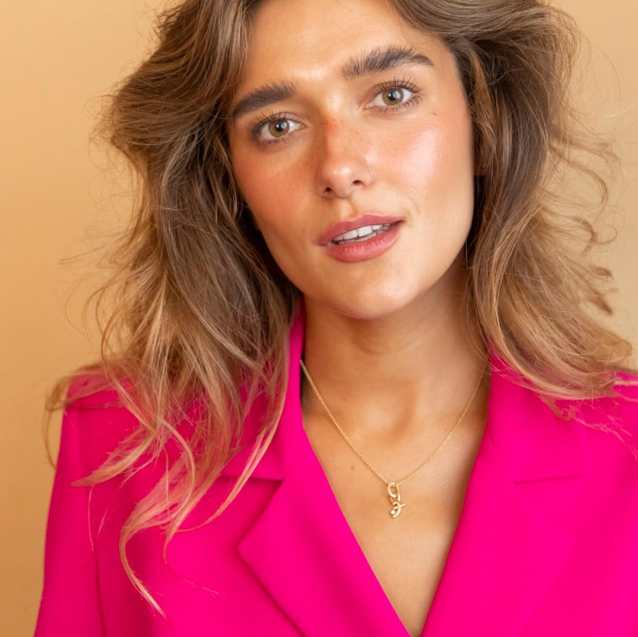 model wears 14k Gold Vermeil Shorthand Charm Necklace meaning Great - Claire Hill Designs