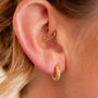 model wears Lab grown diamond and 14k gold vermeil art deco huggie hoop earrings
