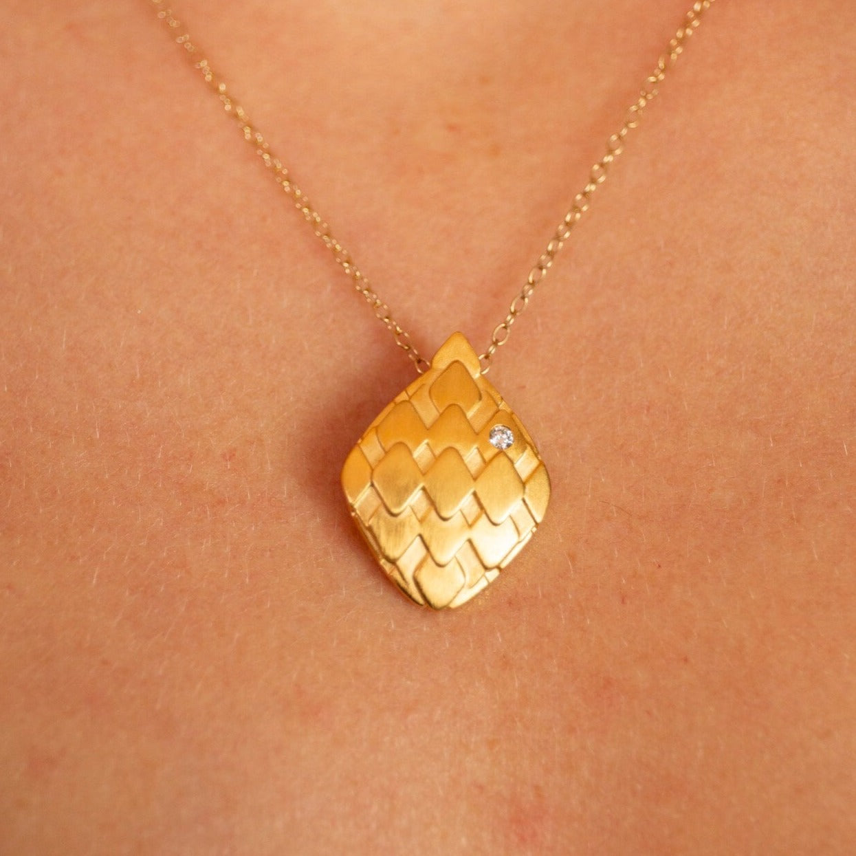model wears  Lab grown diamond and 14k gold vermeil art deco pendant statement necklace