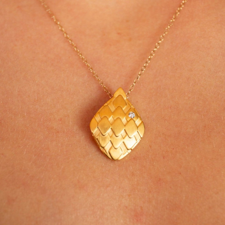 model wears  Lab grown diamond and 14k gold vermeil art deco pendant statement necklace