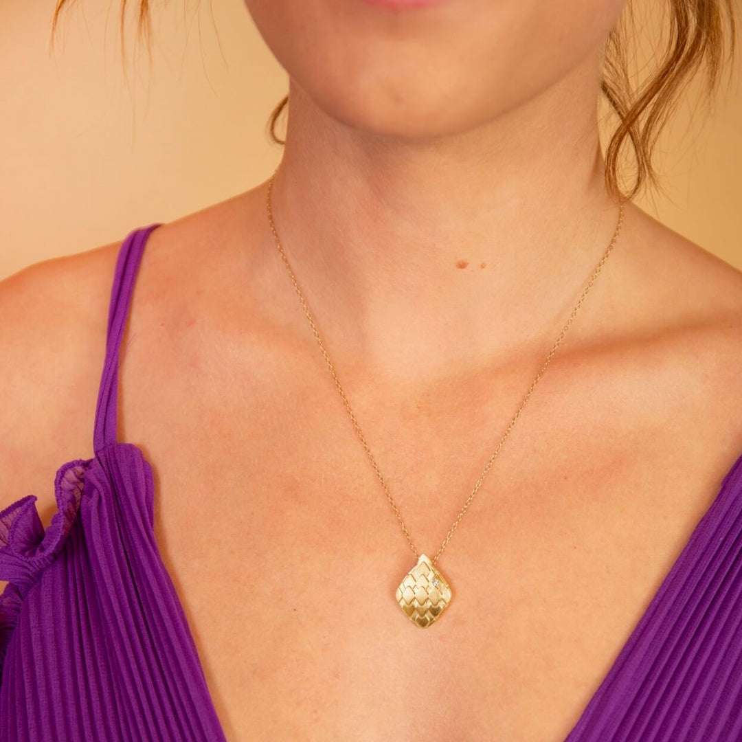 model wears  Lab grown diamond and 14k gold vermeil art deco pendant statement necklace
