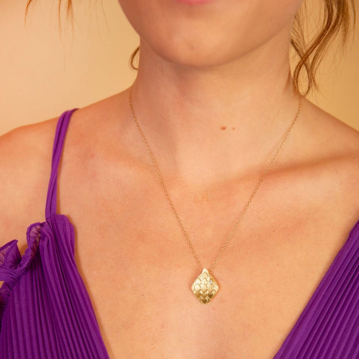 model wears  Lab grown diamond and 14k gold vermeil art deco pendant statement necklace