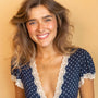 model wears 14k Gold Vermeil Shorthand Charm Pendant Meaning Courage - Claire Hill Designs