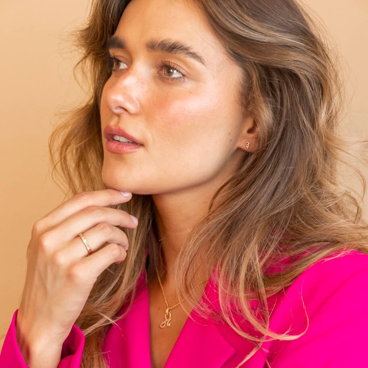 model wears 14k Gold Vermeil Shorthand Stud Earring meaning Great - Claire Hill Designs