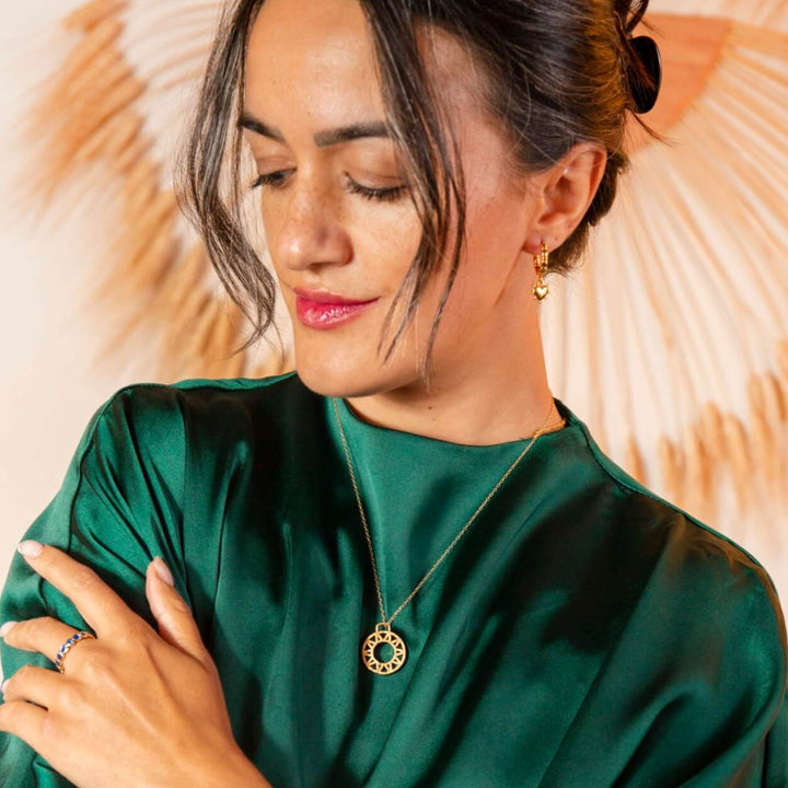 model wears Geometric Gold Disc Necklace