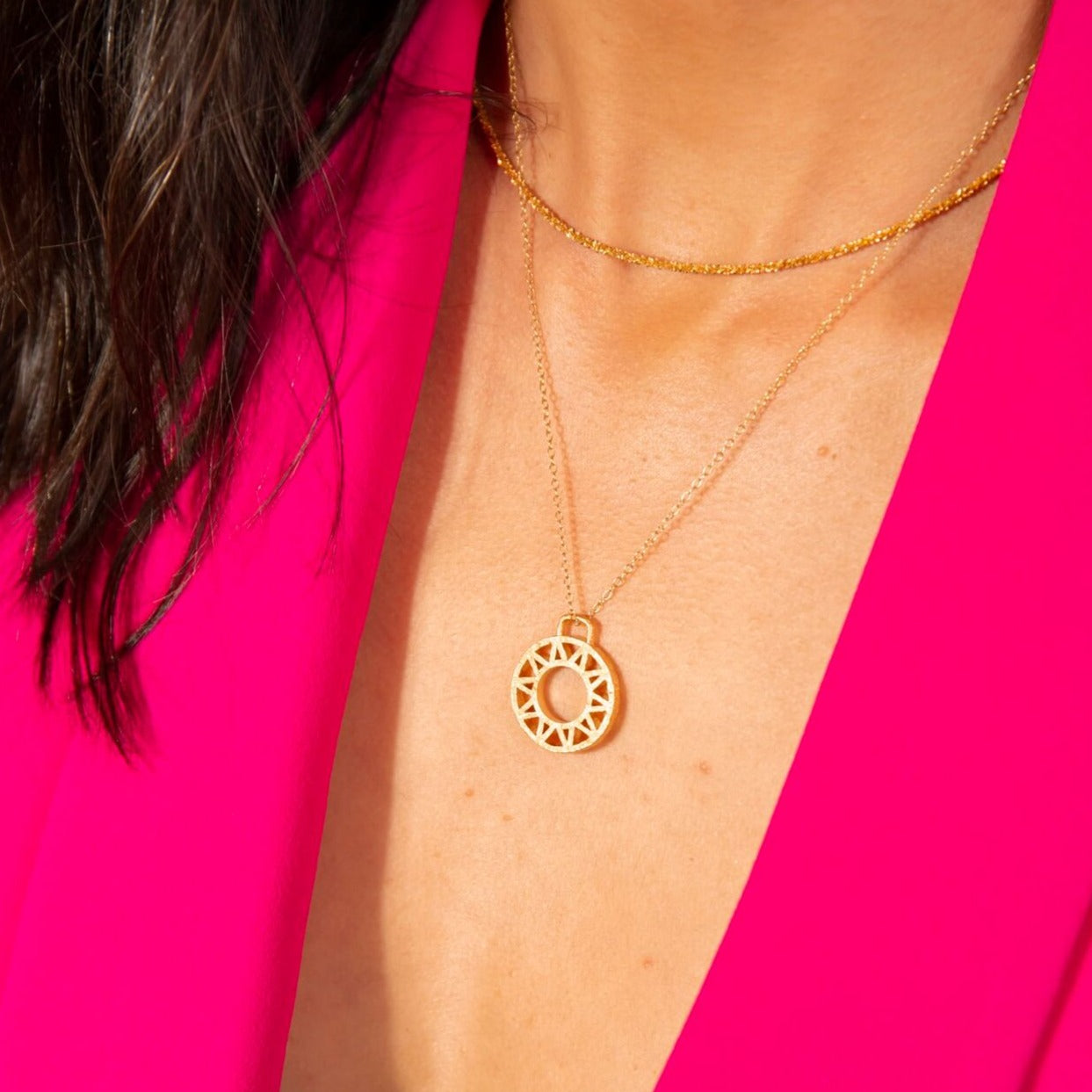 model wears Geometric Gold Vermeil Disc Necklace