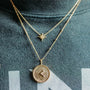 model wears 18k gold vermeil brushed north star dainty necklace and Shorthand Coin gold vermeil necklace meaning Kind