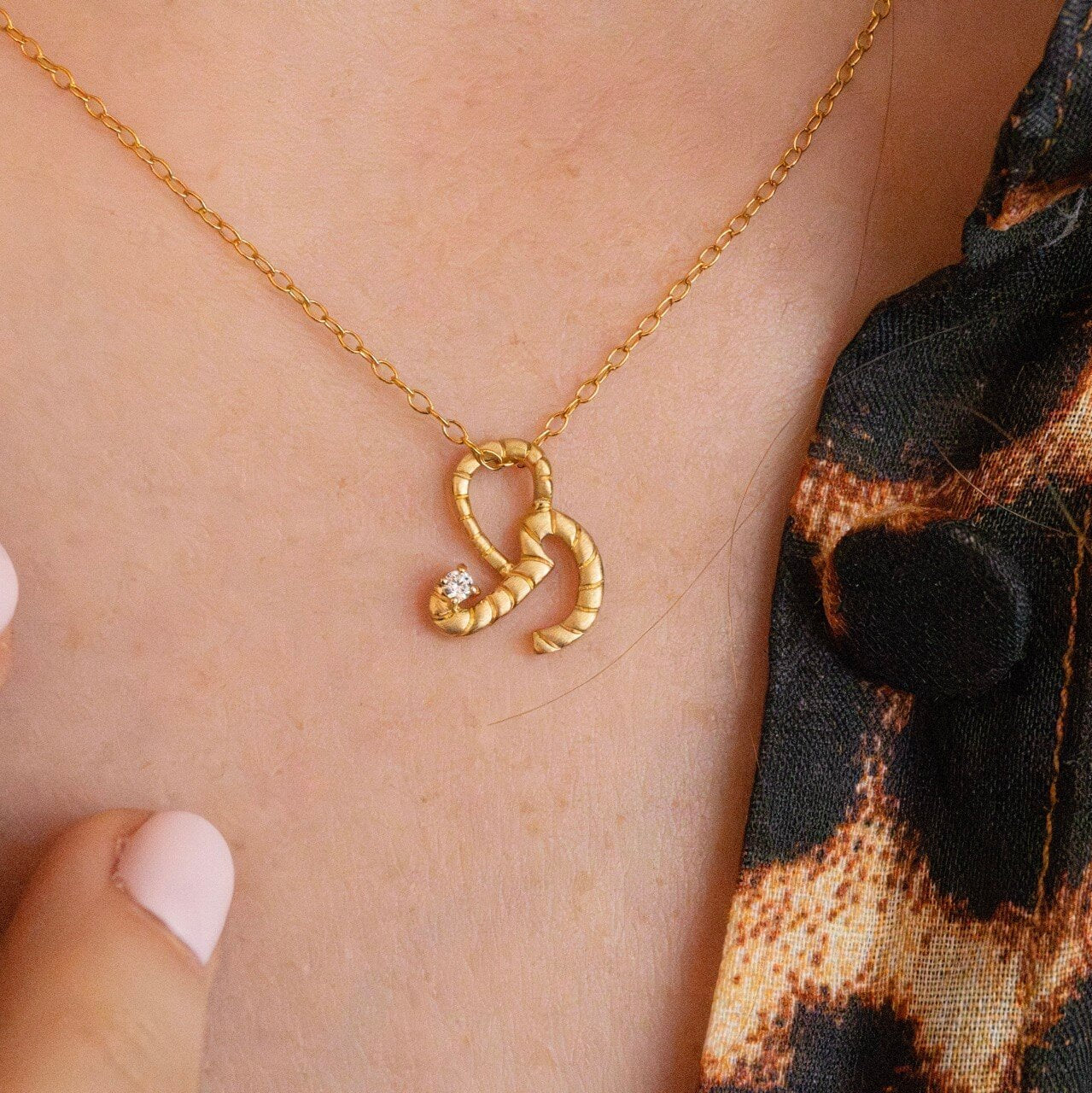 model wears 14k Gold Vermeil Shorthand Charm Pendant Meaning Courage - Claire Hill Designs